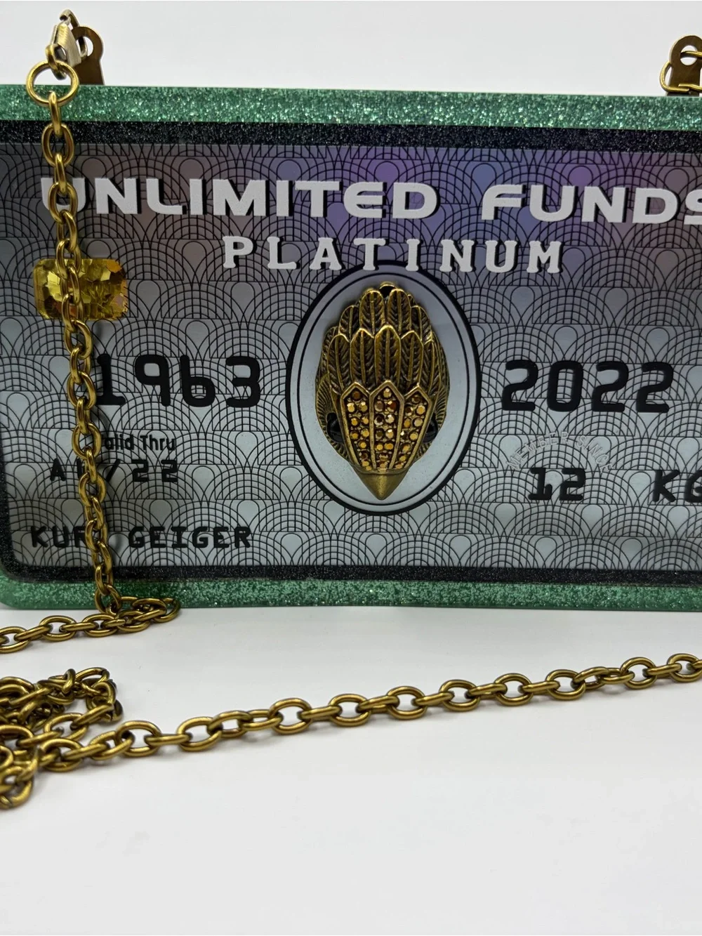 Kurt Geiger Green Glitter Money Clutch with Gold Chain